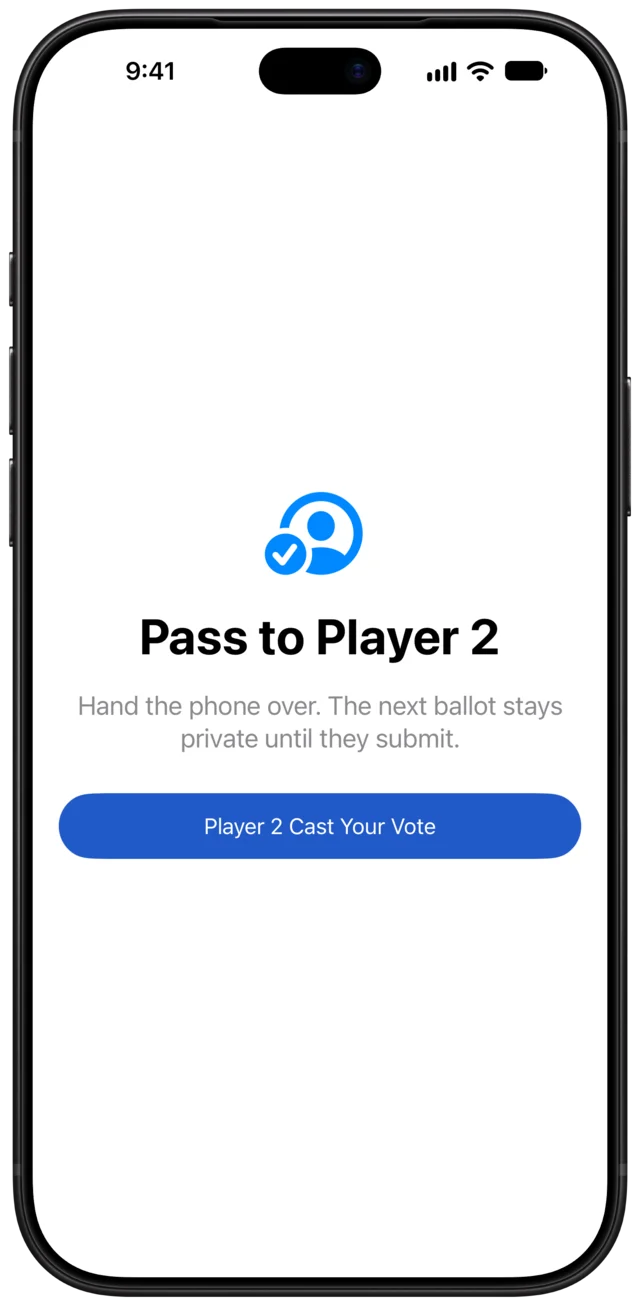 Campfire mode asking to pass the phone to Player 2.