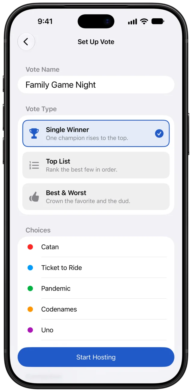 Setting up a vote called Family Game Night as a Single Winner vote, with five games.
