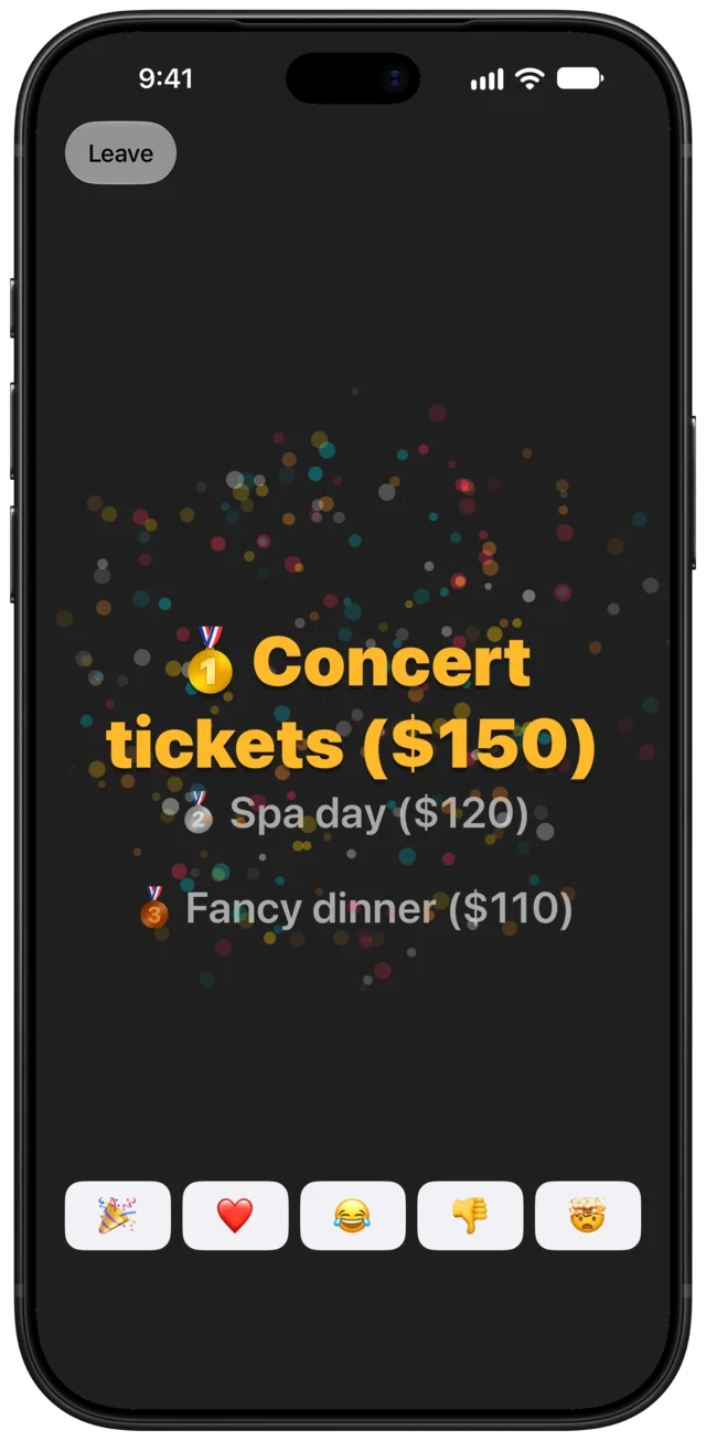 The reveal: fireworks as Concert tickets ($150) takes first place, over Spa day ($120) in second and Fancy dinner ($110) in third.