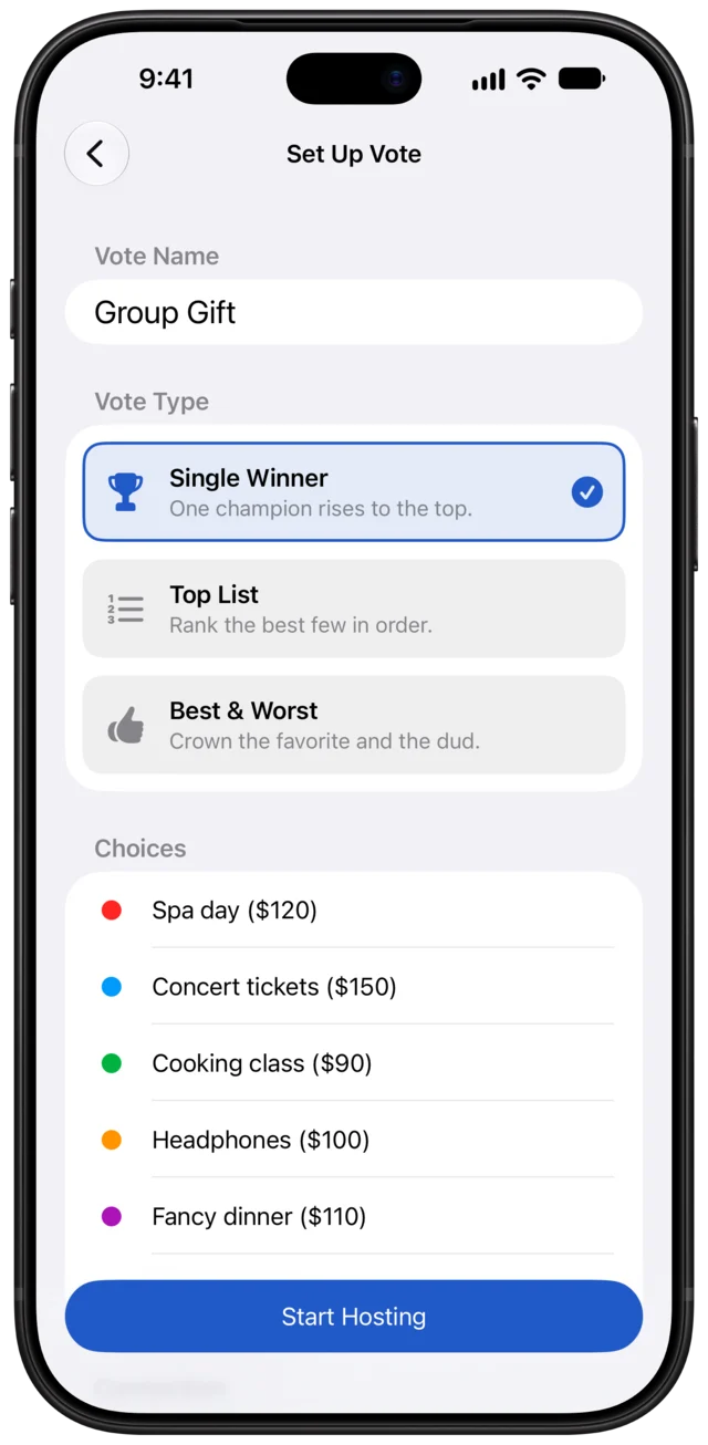 Setting up a vote called Group Gift as a Single Winner vote, with five gifts.