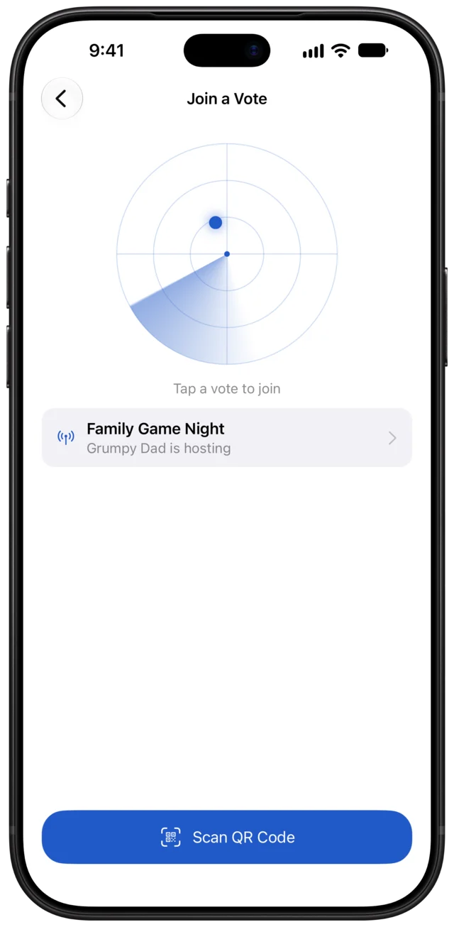 The Join a Vote screen finding Family Game Night nearby.
