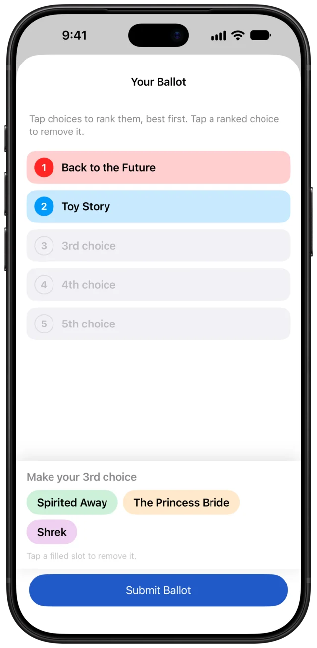 A ballot with Back to the Future ranked first and Toy Story second, and three movies left to place.