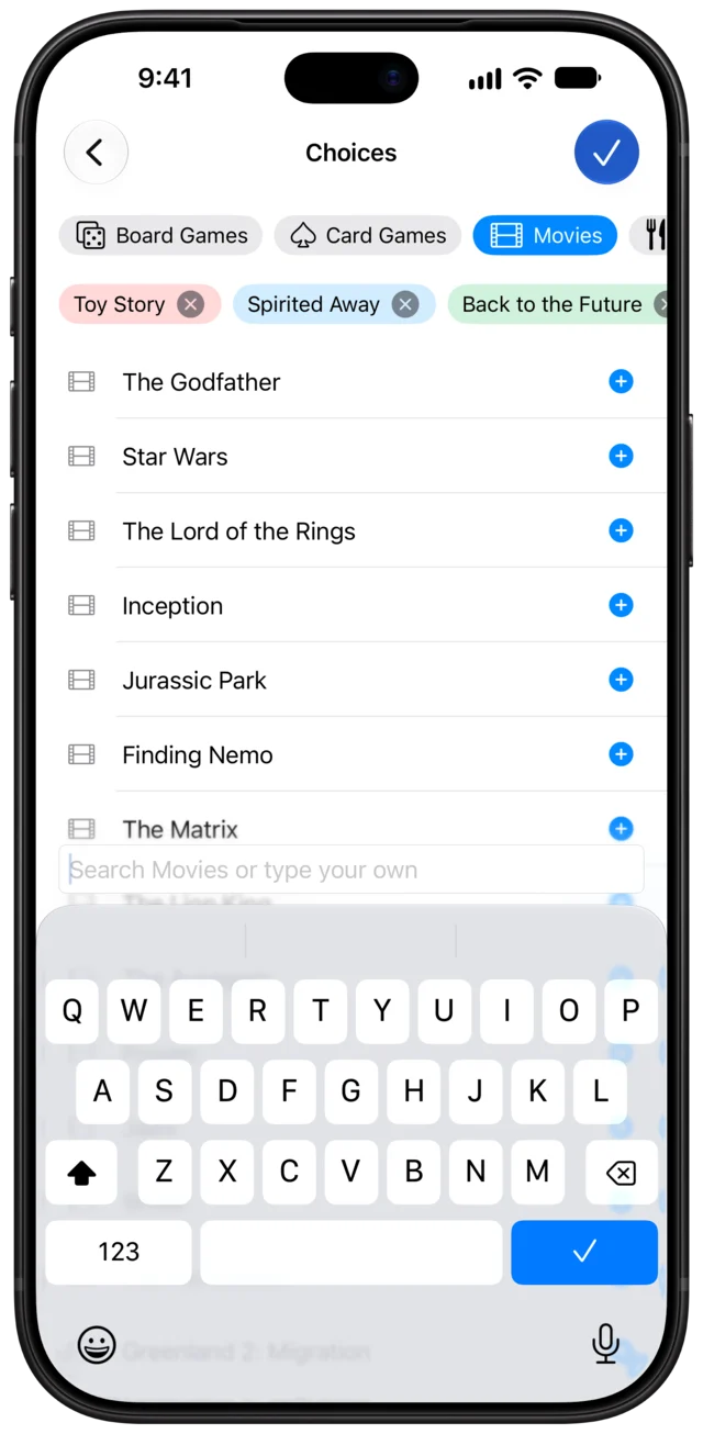 The Choices screen with Movies selected, Toy Story, Spirited Away and Back to the Future added, and more movies suggested below.