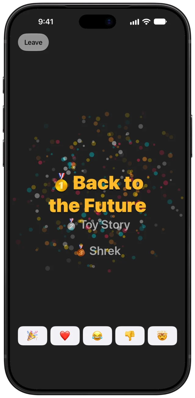 The reveal: fireworks as Back to the Future takes first place, over Toy Story in second and Shrek in third.