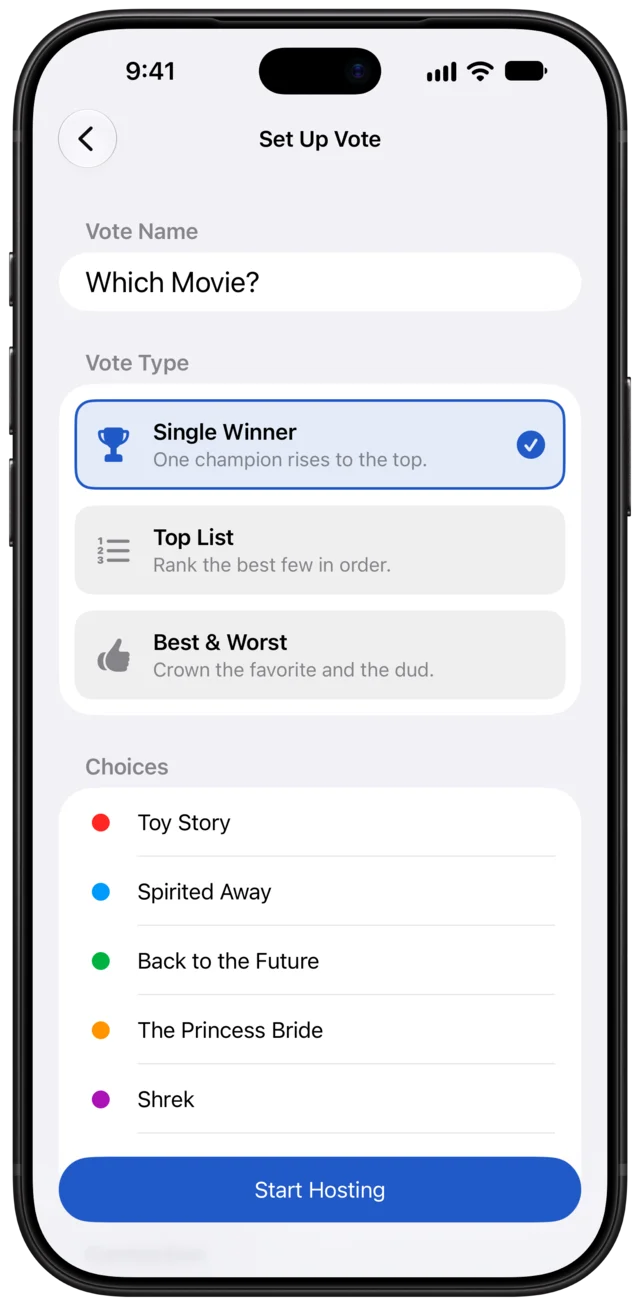 Setting up a vote called Which Movie? as a Single Winner vote, with five movies.