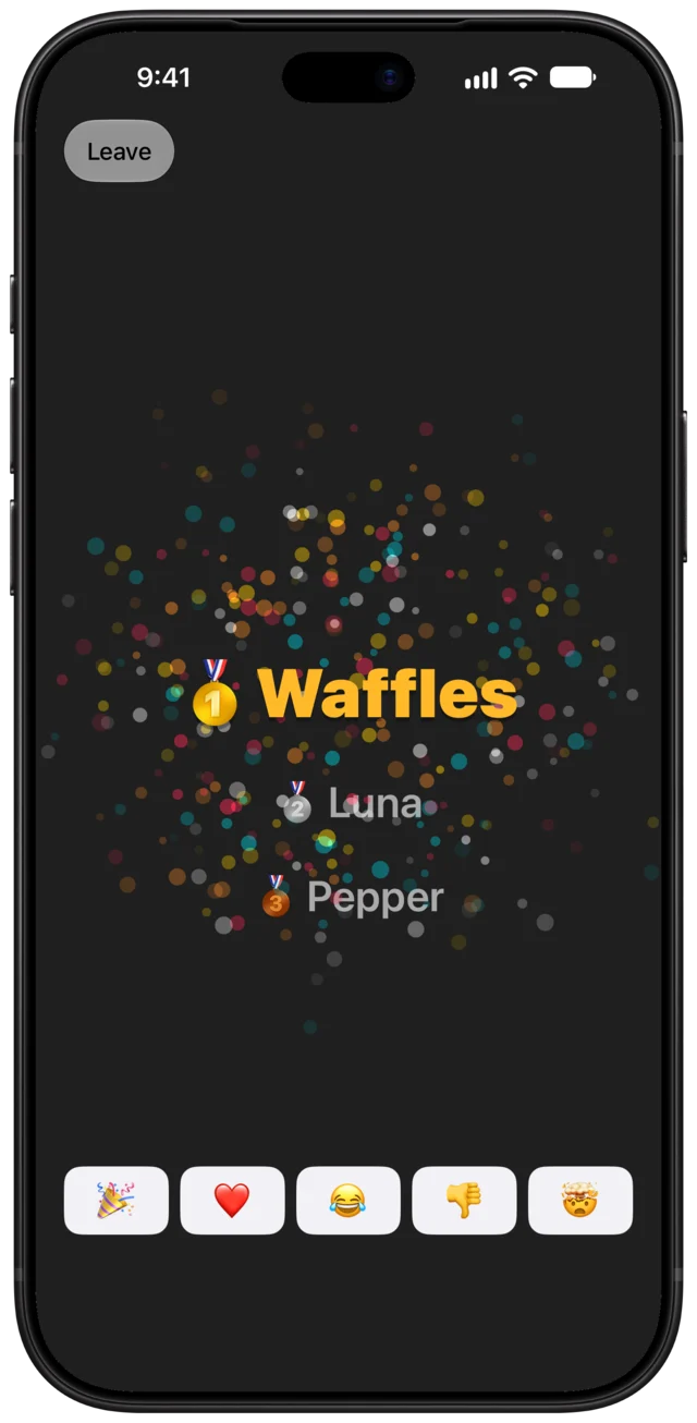 The reveal: fireworks as Waffles takes first place, over Luna in second and Pepper in third.