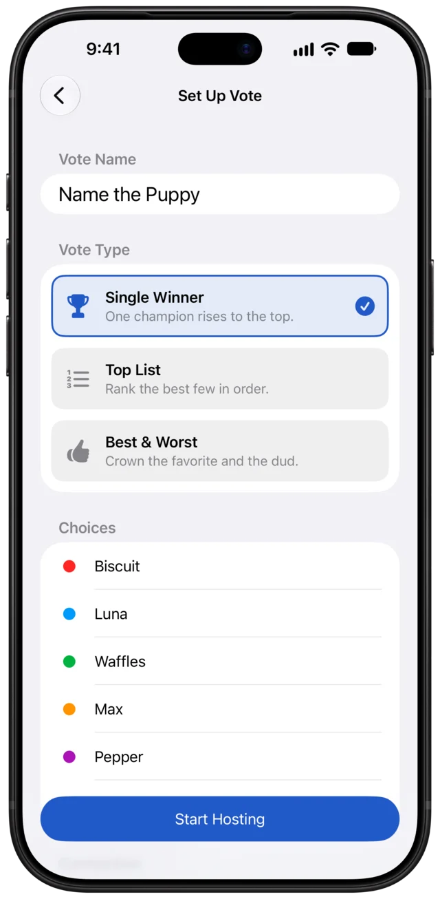 Setting up a vote called Name the Puppy as a Single Winner vote, with five names.