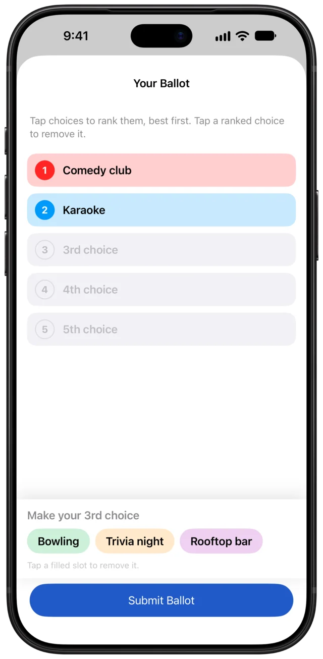 A ballot with Comedy club ranked first and Karaoke second, and three plans left to place.