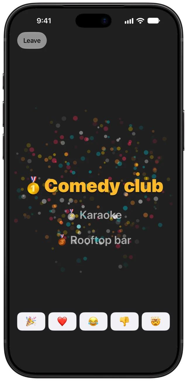 The reveal: fireworks as Comedy club takes first place, over Karaoke in second and Rooftop bar in third.