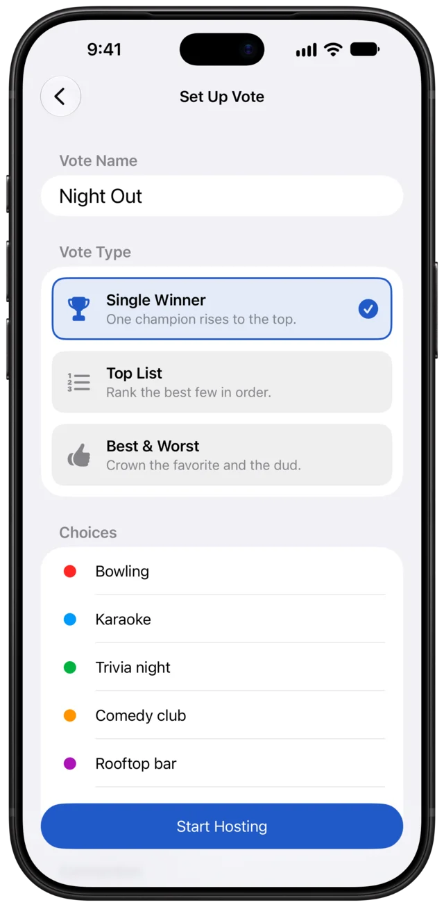 Setting up a vote called Night Out as a Single Winner vote, with five plans.