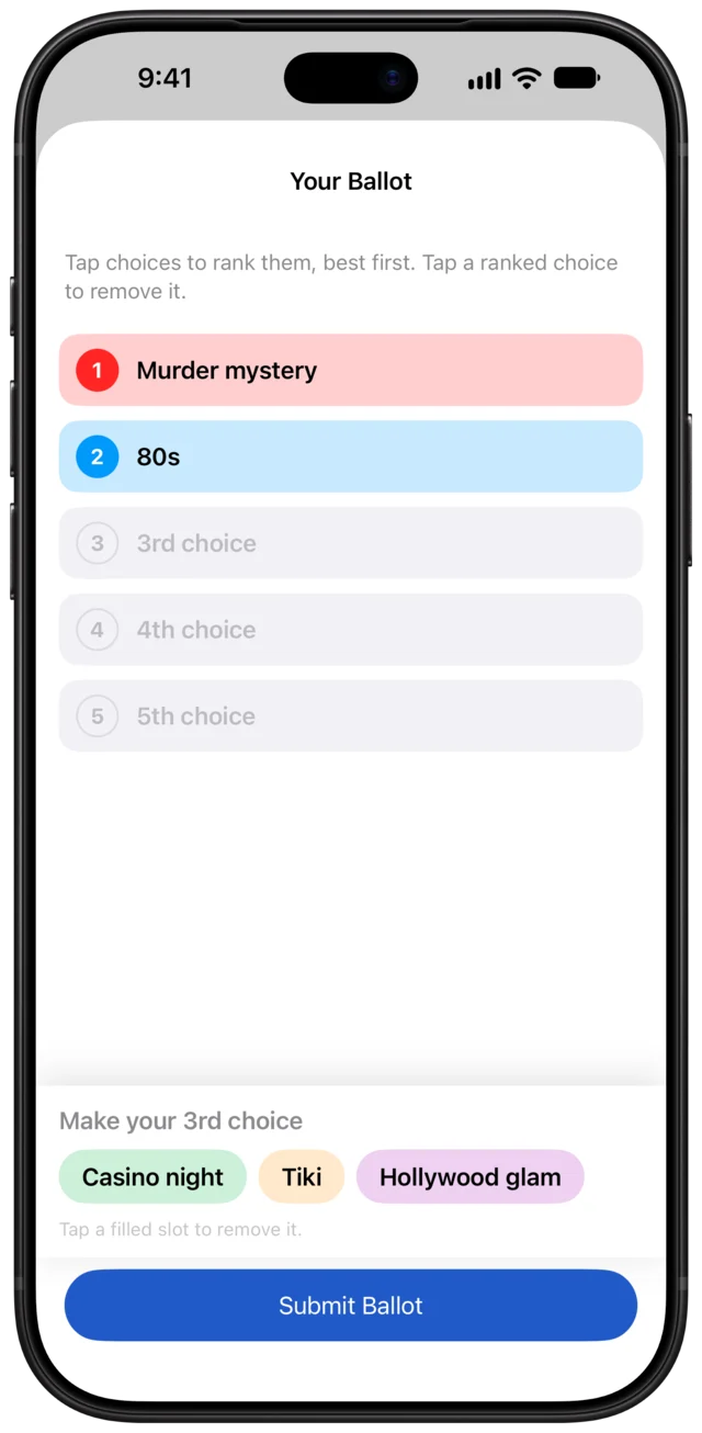 A ballot with Murder mystery ranked first and 80s second, and three themes left to place.