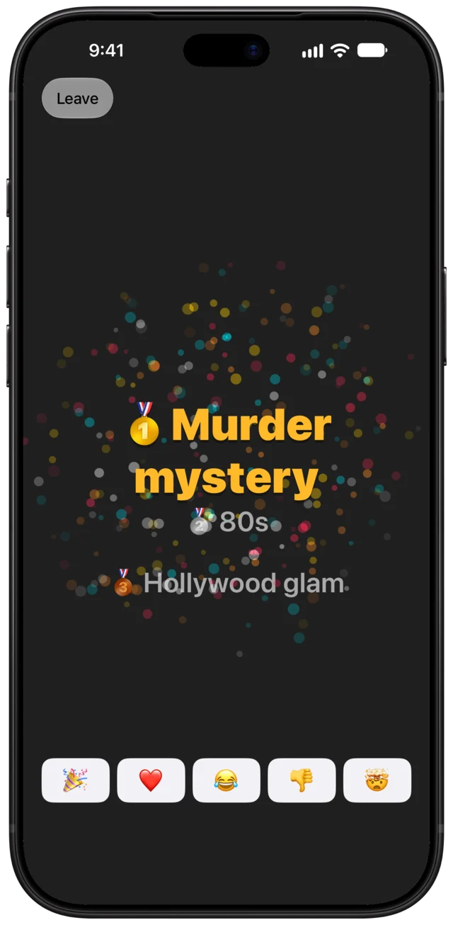 The reveal: fireworks as Murder mystery takes first place, over 80s in second and Hollywood glam in third.
