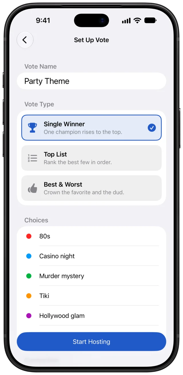 Setting up a vote called Party Theme as a Single Winner vote, with five themes.