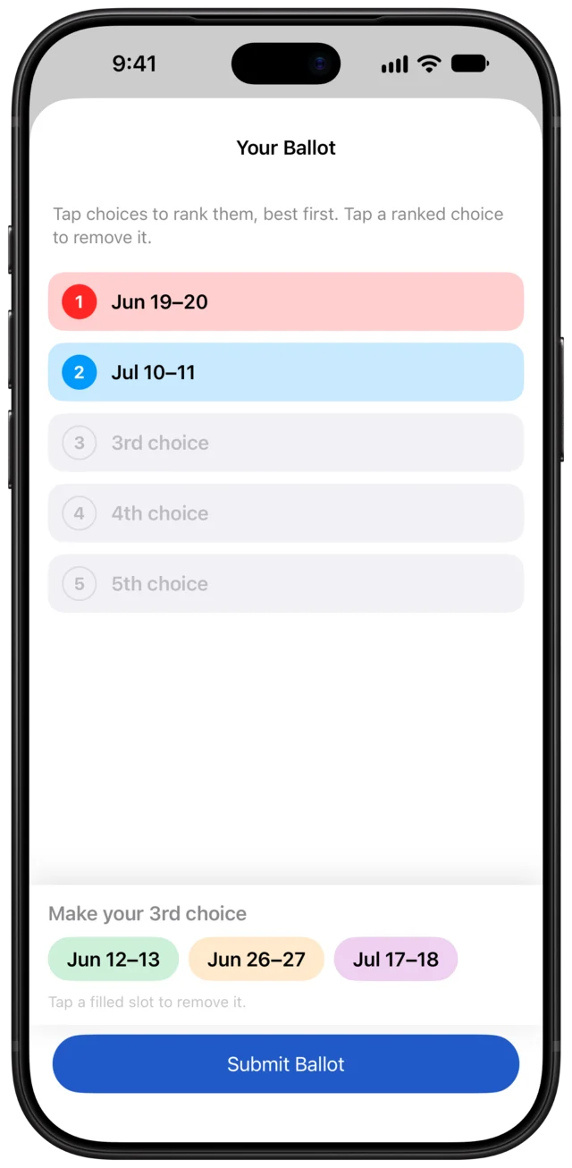 A ballot with Jun 19–20 ranked first and Jul 10–11 second, and three dates left to place.