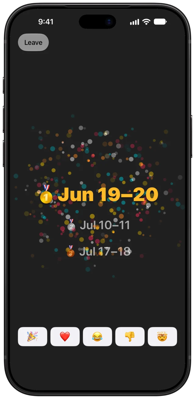 The reveal: fireworks as Jun 19–20 takes first place, over Jul 10–11 in second and Jul 17–18 in third.