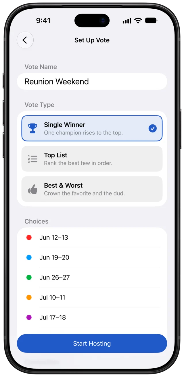 Setting up a vote called Reunion Weekend as a Single Winner vote, with five dates.