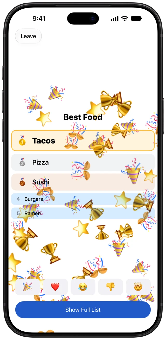 The Top List reveal, with Tacos in first place and confetti falling.