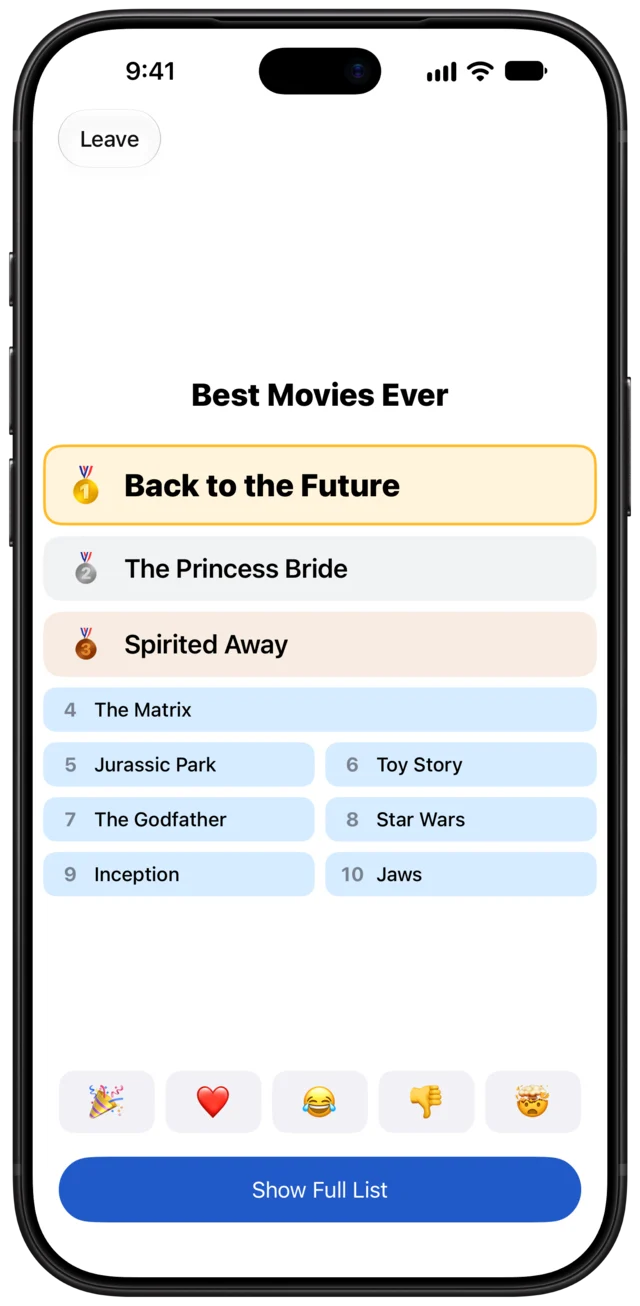 The Top 10 reveal, with Back to the Future at number one, The Princess Bride second and Spirited Away third.