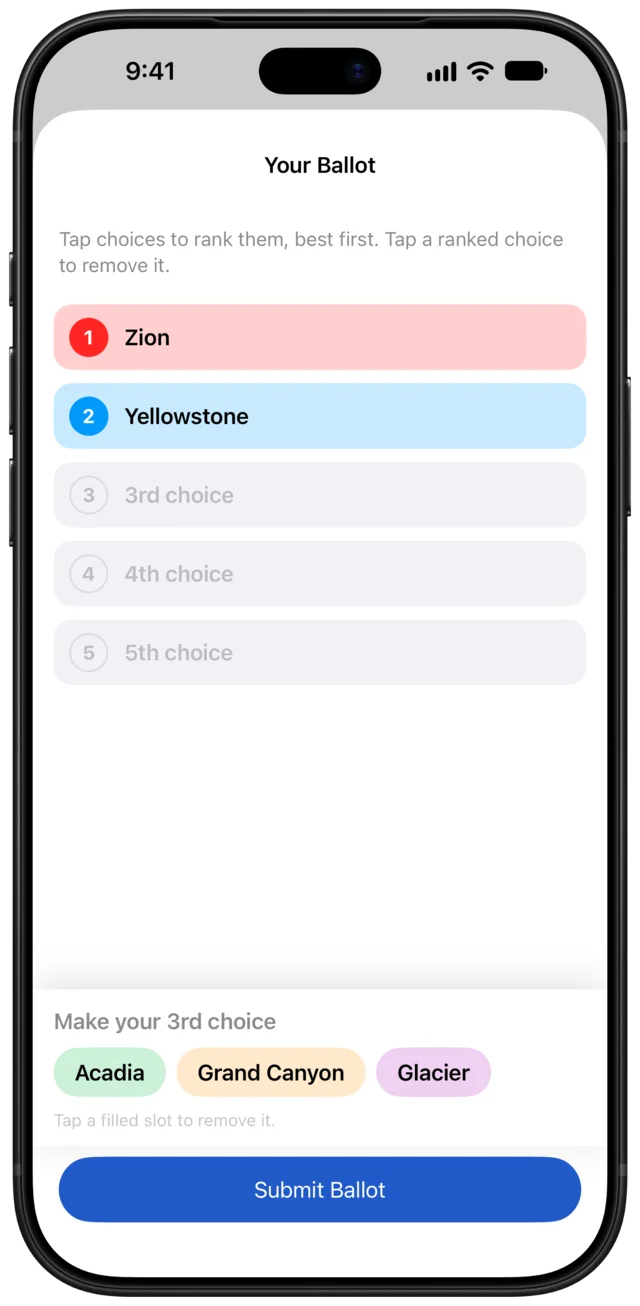 A ballot with Zion ranked first and Yellowstone second, and three destinations left to place.