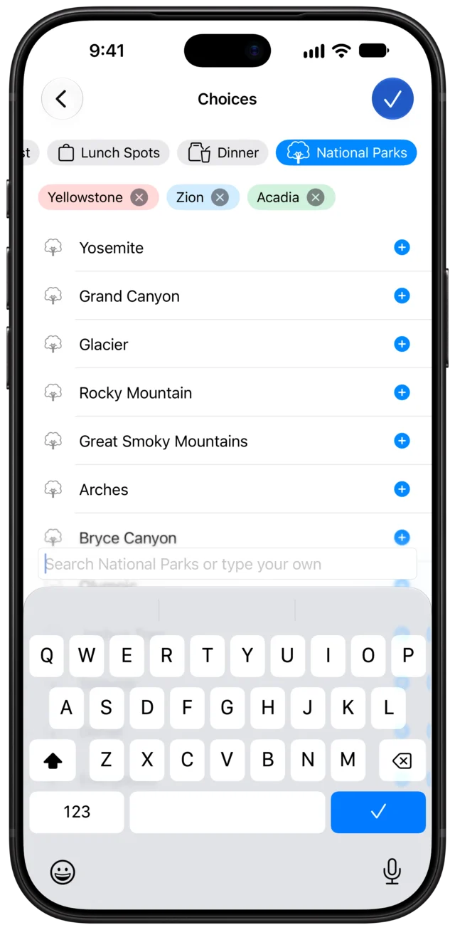 The Choices screen with National Parks selected, Yellowstone, Zion and Acadia added, and more destinations suggested below.