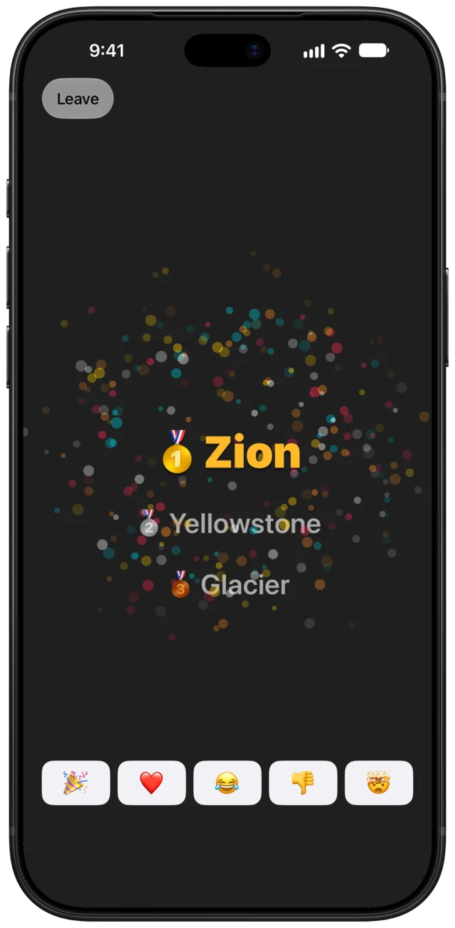 The reveal: fireworks as Zion takes first place, over Yellowstone in second and Glacier in third.