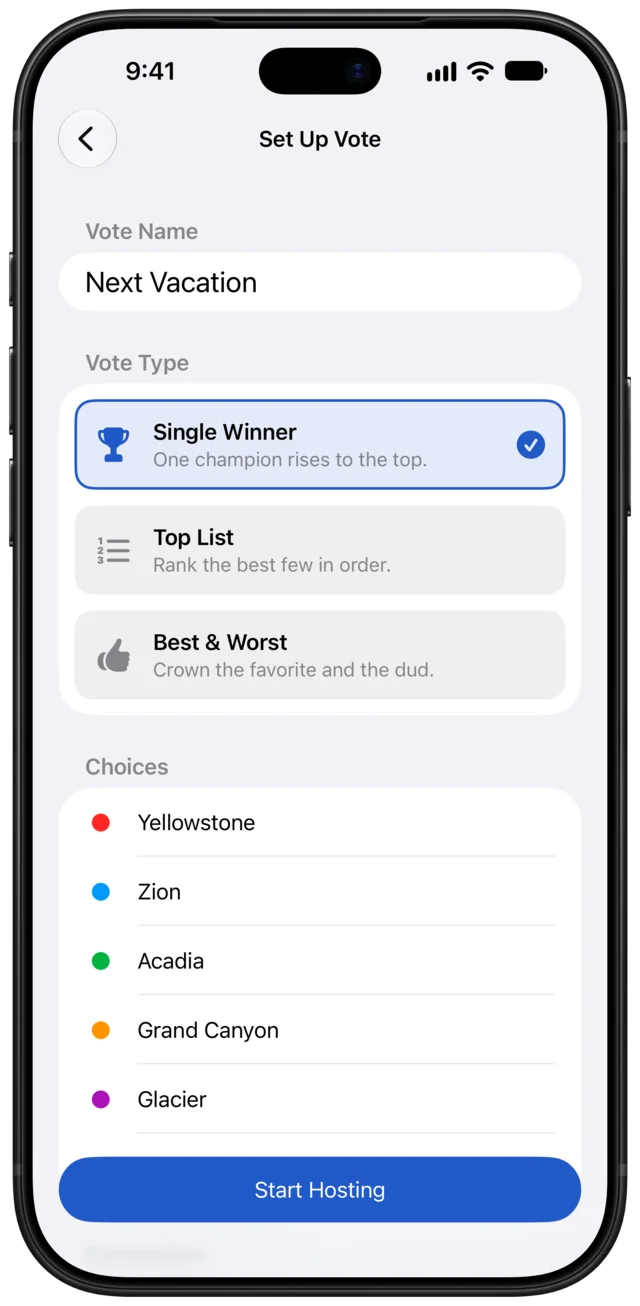 Setting up a vote called Next Vacation as a Single Winner vote, with five destinations.