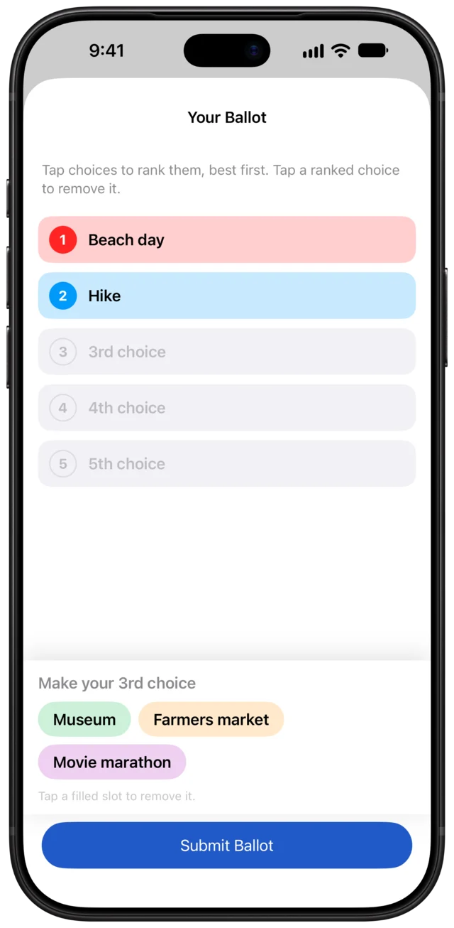 A ballot with Beach day ranked first and Hike second, and three ideas left to place.