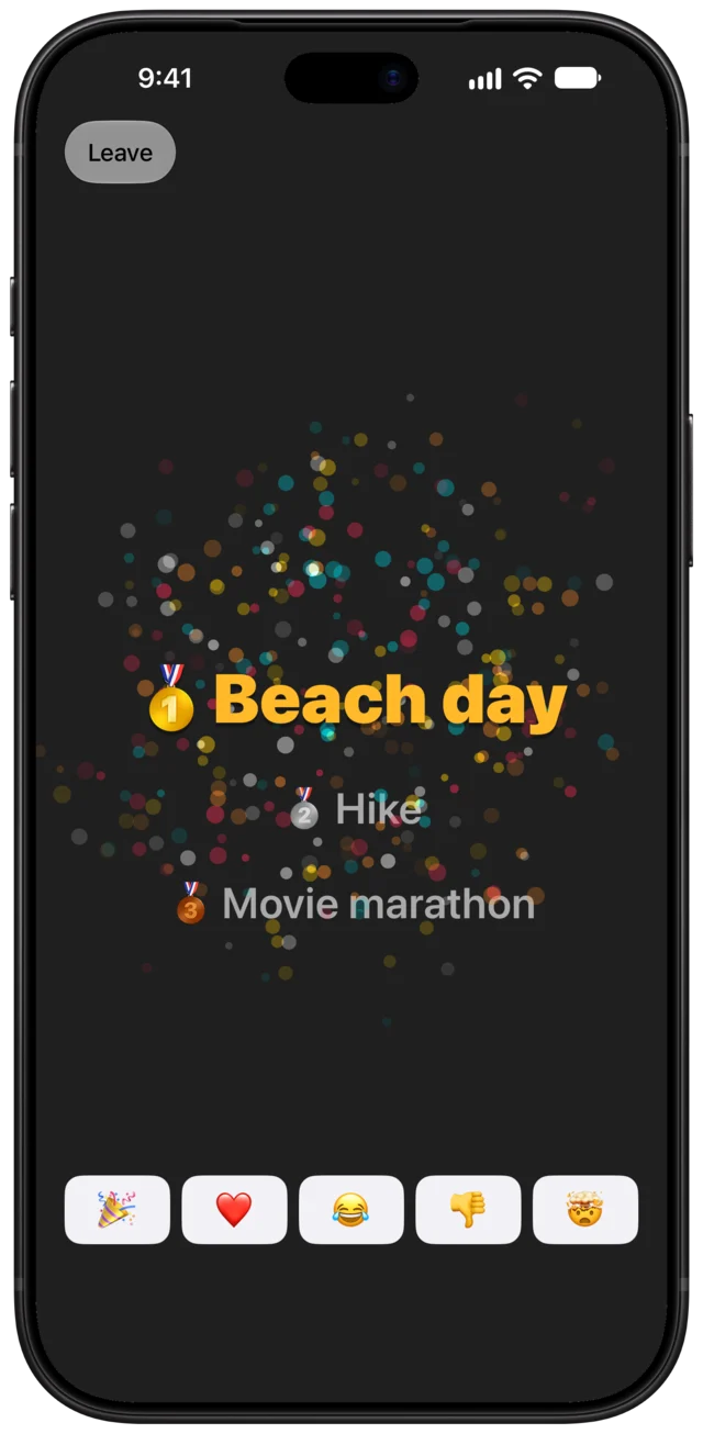 The reveal: fireworks as Beach day takes first place, over Hike in second and Movie marathon in third.