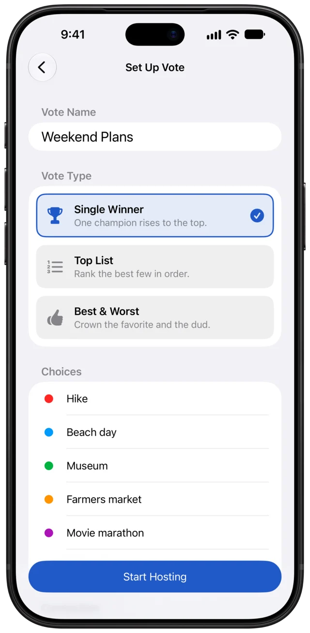 Setting up a vote called Weekend Plans as a Single Winner vote, with five ideas.
