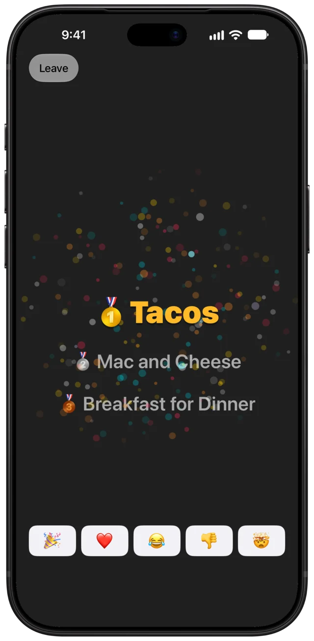 The reveal: fireworks as Tacos takes first place, over Mac and Cheese in second and Breakfast for Dinner in third.