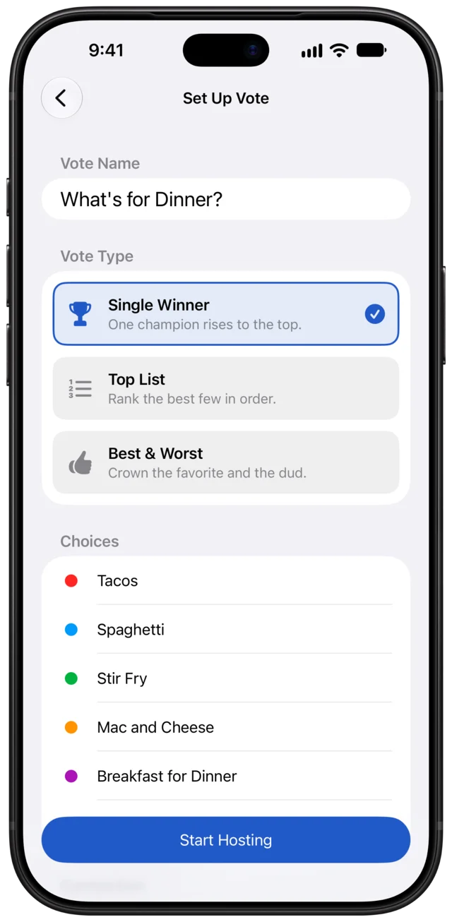 Setting up a vote called What's for Dinner? as a Single Winner vote, with five meals.