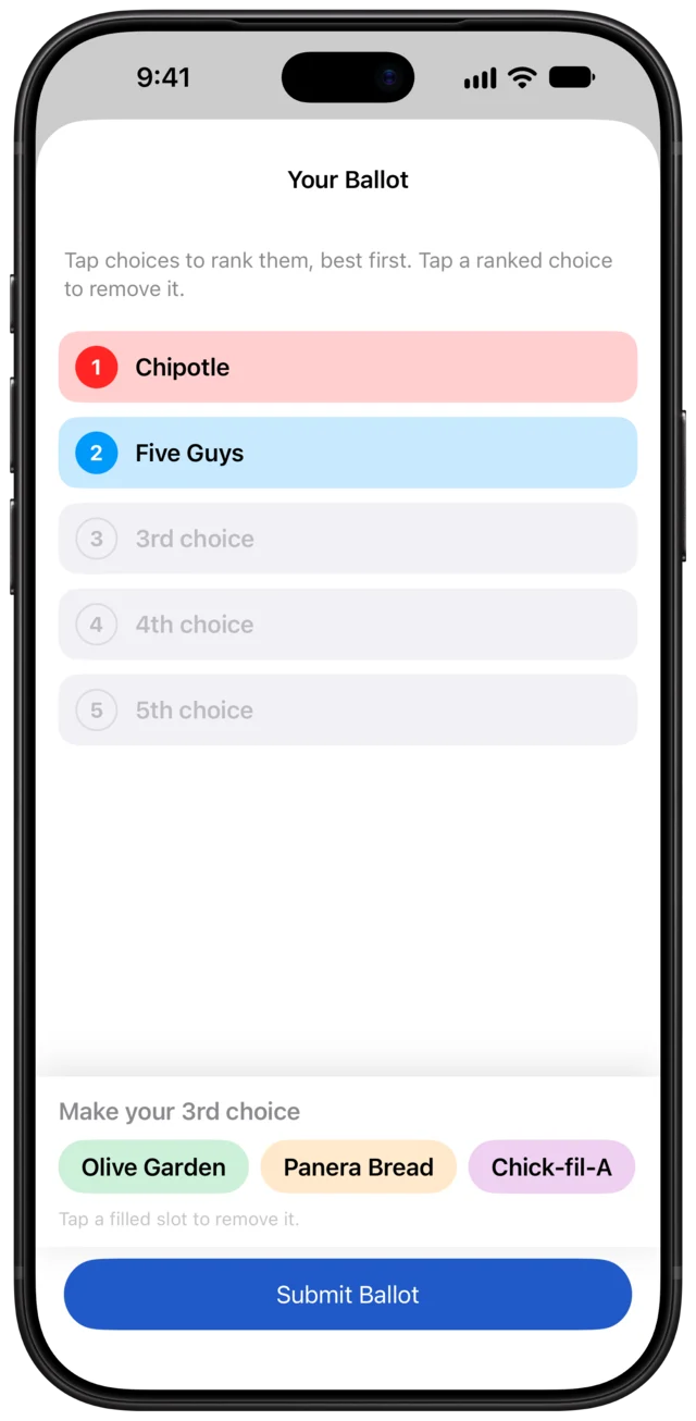 A ballot with Chipotle ranked first and Five Guys second, and three restaurants left to place.