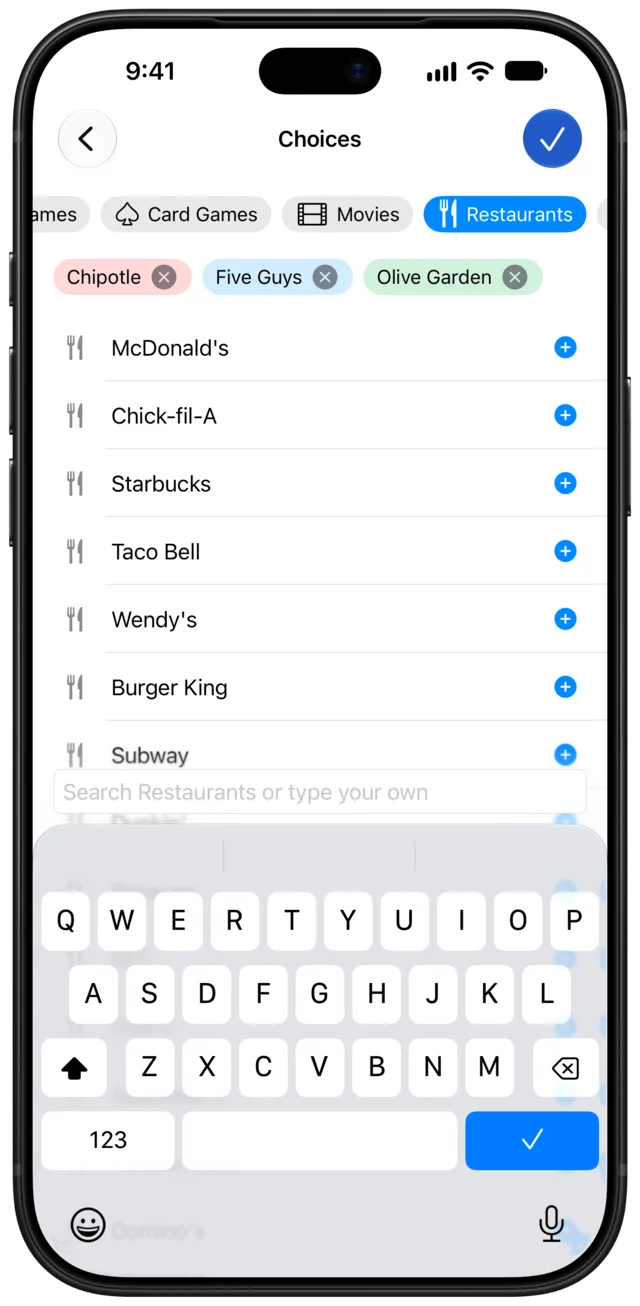 The Choices screen with Restaurants selected, Chipotle, Five Guys and Olive Garden added, and McDonald's, Chick-fil-A and Starbucks suggested.