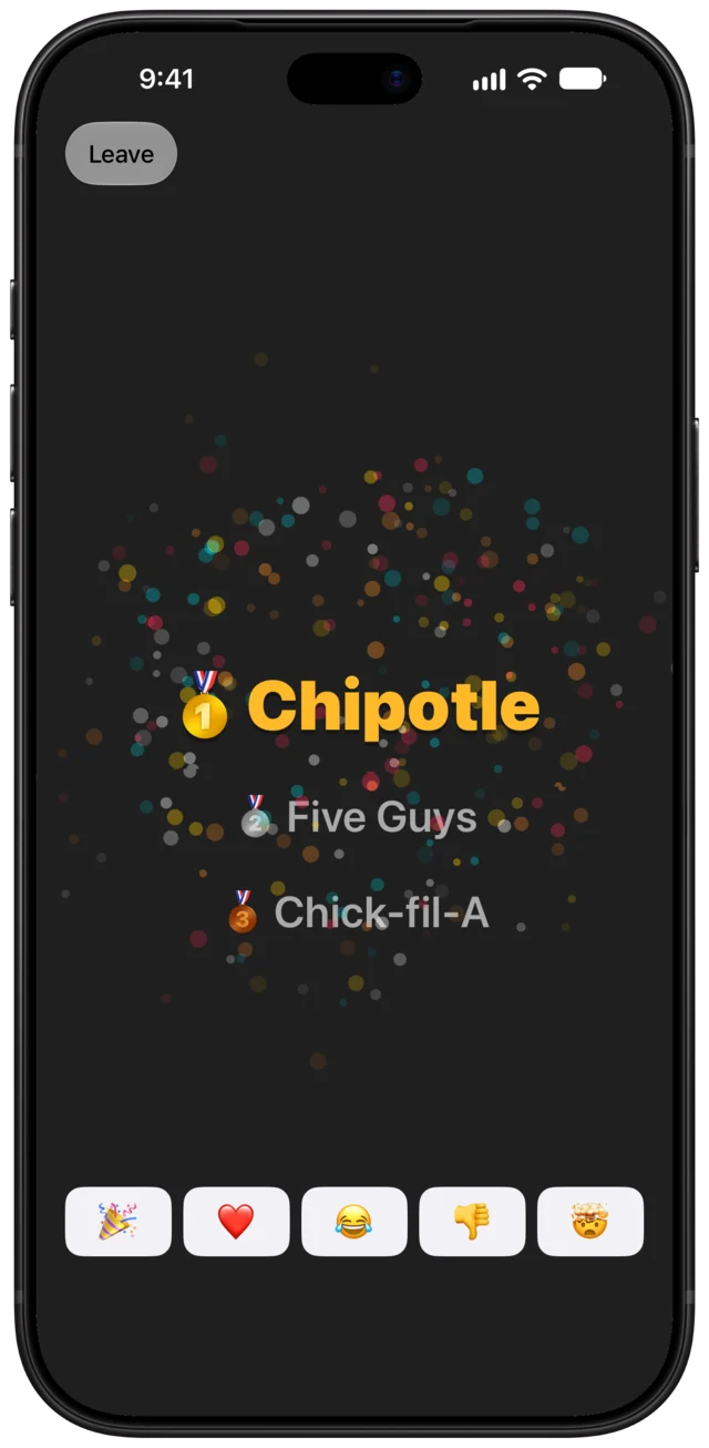The reveal: fireworks as Chipotle takes first place, over Five Guys in second and Chick-fil-A in third.