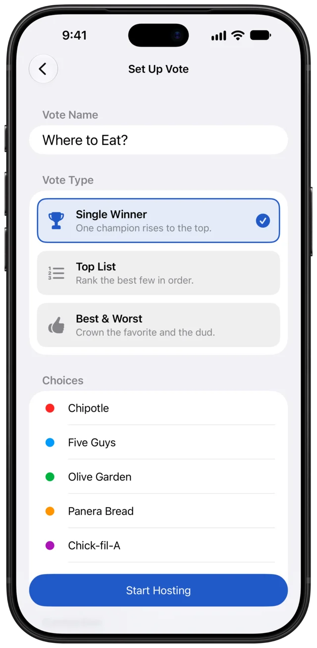 Setting up a vote called Where to Eat? as a Single Winner vote, with five restaurants.
